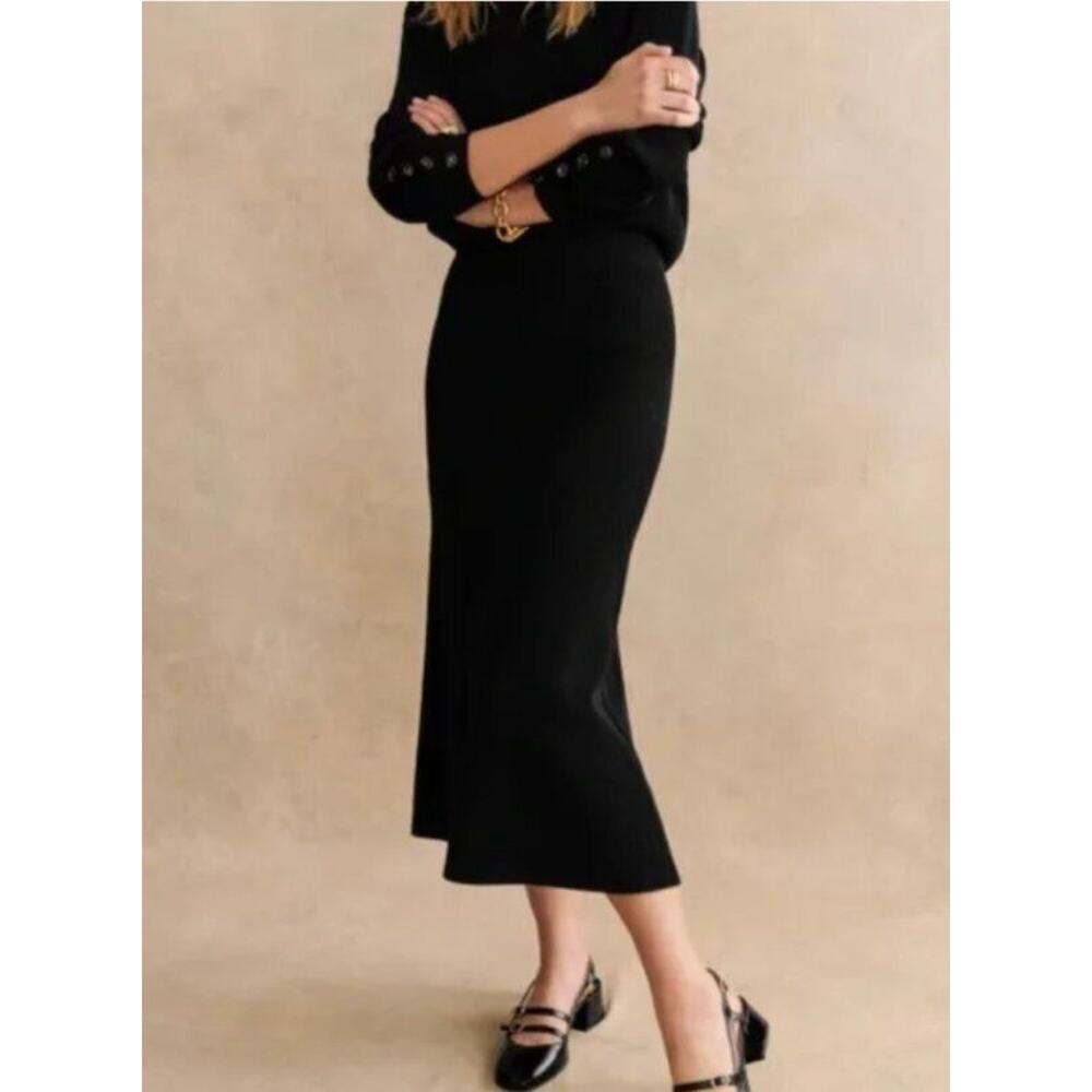 SEZANE XS Black Naelle Ribbed A-Line Midi Sweater Skirt Merino Wool Cotton NWT